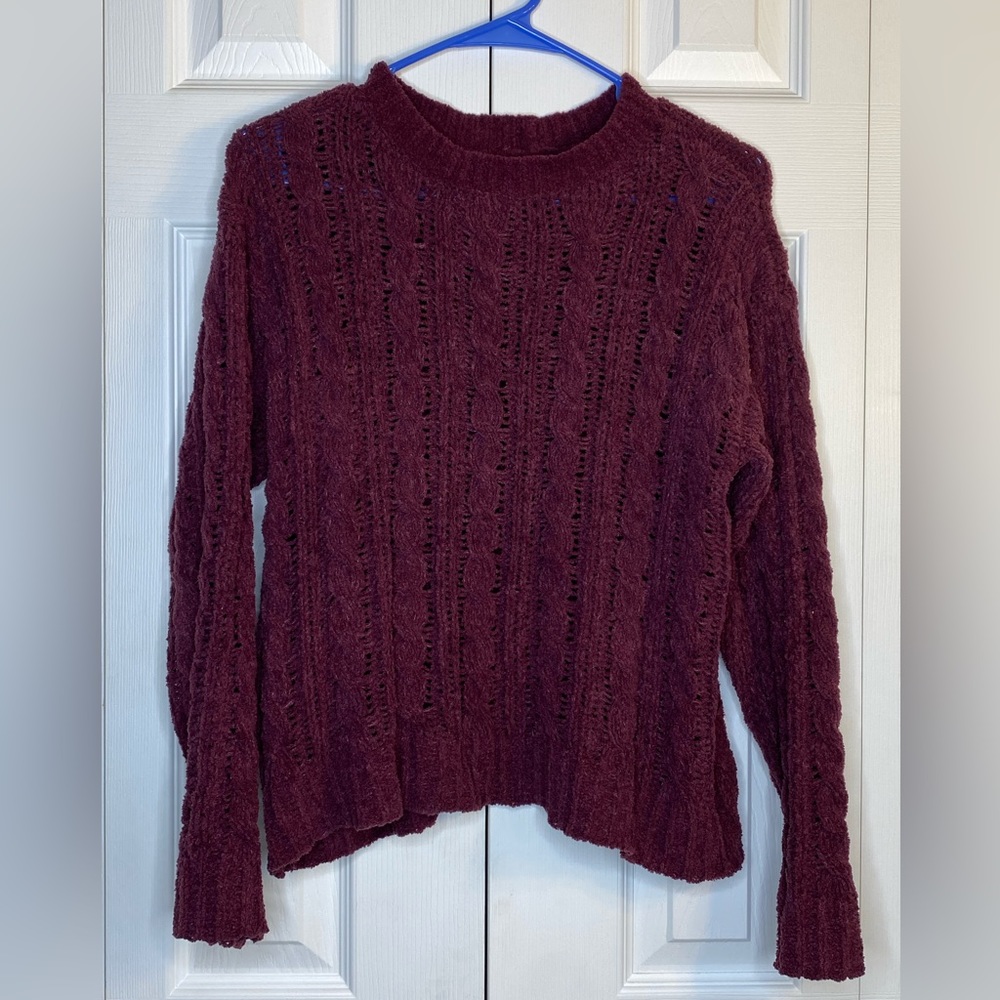 Women's Juniors American Eagle Sweater Burgandy Knit Cropped Long Sleeve Sz XS